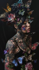 Black-haired woman with full body art tattooed all over her body and face in a dense and vivid exaggerated floral pattern. Including colorful butterflies on a black background.