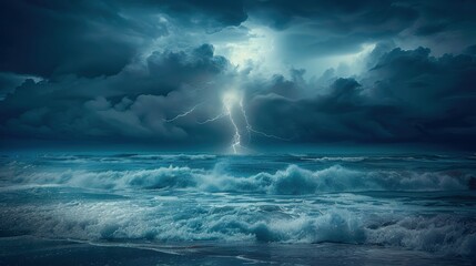 Fototapeta premium Dramatic ocean storm with dark clouds and lightning striking over turbulent waves. Captures the raw power and beauty of nature.