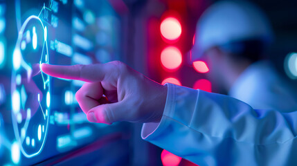 Engineer interacting with futuristic digital interface displaying data; concept of technology, innovation, and data analysis.