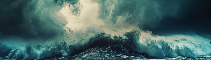 Fototapeta premium Dramatic ocean waves crashing under dark, stormy skies, capturing the power and intensity of nature in a panoramic view.