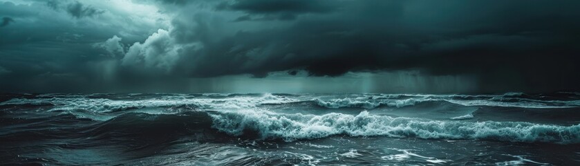 Dramatic seascape with stormy waves under dark moody skies, capturing the power and beauty of nature in a coastal environment.