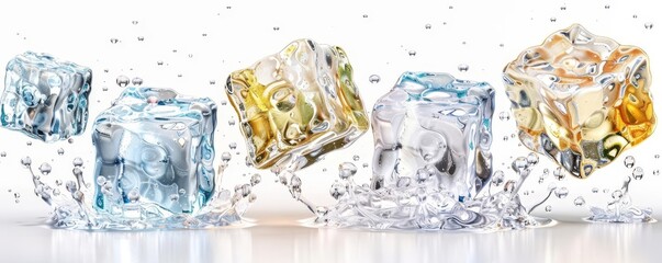 set of floating melting ice cubes, beverage cooling element, photorealistic, icy with melting water, isolated on white background