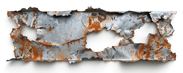 torn metal sheet with jagged cuts, industrial element, photorealistic, rusty silver, isolated on white background