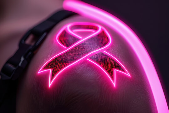 Digital pink ribbon tattoos, holographic designs, neonlit skin, modern solidarity - Powered by Adobe