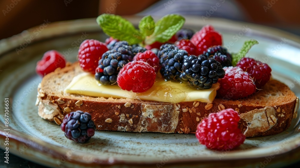 Poster a slice of crusty bread smeared with butter and topped with a colorful medley of foraged berries.