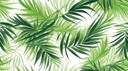Tropical palm leaves pattern, exotic foliage, cartoon illustration, bright greens, isolated on white background