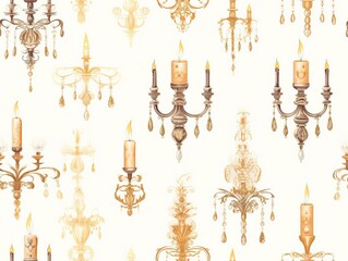 Antique chandeliers and candles pattern, elegant decor, detailed illustration, golds and creams, isolated on white background