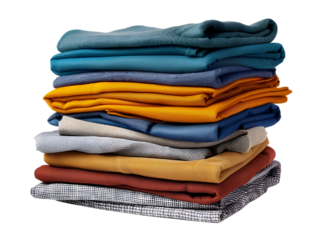 A neatly folded stack of colorful clothes in various fabrics and shades, perfect for laundry, organization, and fashion-themed projects.