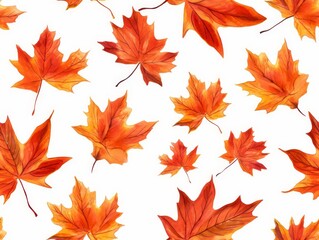 Obraz premium Autumn maple leaves pattern, seasonal theme, watercolor illustration, vibrant reds and oranges, isolated on white background