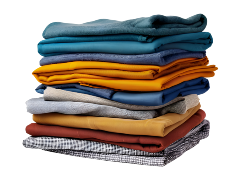 A neatly folded stack of colorful clothes in various fabrics and shades, perfect for laundry, organization, and fashion-themed projects.