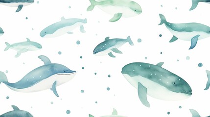 Baby whales and waves pattern, ocean theme, watercolor style, soft blues and greens, isolated on white background