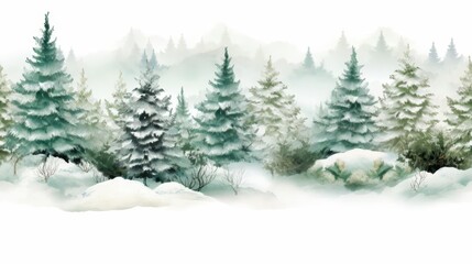 Frosty pine trees and snowdrifts pattern, winter scenery, detailed illustration, cool greens and whites, isolated on white background