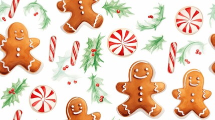 Gingerbread cookies and candy canes pattern, holiday treats, watercolor style, colorful, isolated on white background