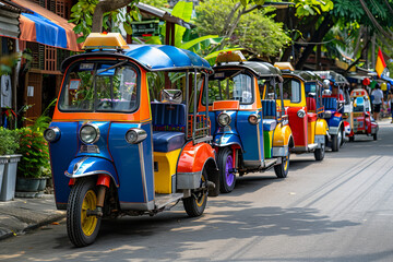 Obraz premium Tuk tuks waiting for customers on a street, urban transportation