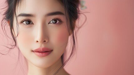 Fototapeta premium Radiant and Peaceful Asian Woman Portrait in Elegant Beauty Salon Setting