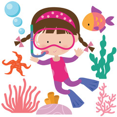 Cute little snorkeling girl  vector cartoon illustration