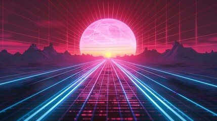 Retro Futuristic Landscape with Neon Lights