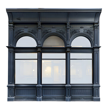 Elegant black store front with large windows and ornate architectural details, perfect for commercial or architectural purposes.