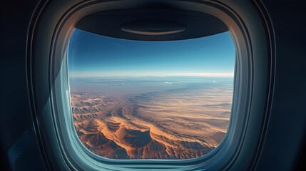 Expansive Desert Landscape Viewed from Airplane Window with Clear Blue Sky Above