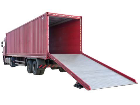 Red container truck with extended ramp, ready for loading or unloading, isolated on white background