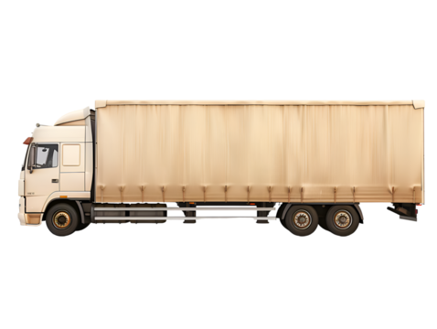 Side view of a white cargo truck with a beige trailer, showcasing transportation and logistics on a transparent background.