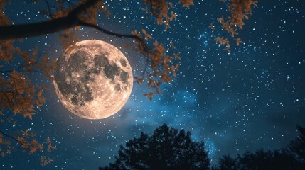 Full moon rising through autumn leaves with a starry night sky backdrop, creating a magical and serene nighttime scene.