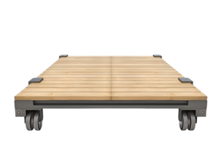 Wooden platform cart with metal wheels, ideal for transporting heavy items in industrial or warehouse settings. Side view on white background.