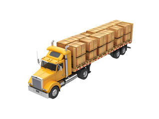 Naklejka premium Yellow semi-truck loaded with wooden crates on a flatbed trailer. Concept of freight, logistics, and cargo transportation in transit.