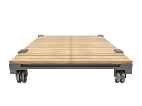 Wooden platform cart with metal wheels, ideal for transporting heavy items in industrial or warehouse settings. Side view on white background.