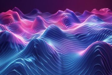 Abstract Neon Landscape. 3D Rendered Wavy Topography in Vibrant Blue and Pink