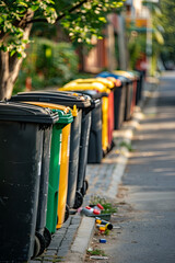 Row of garbage bins ready for collection on a residential street, waste management