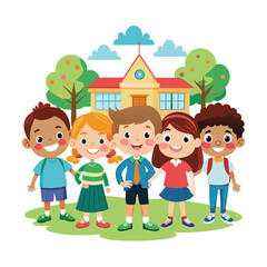 Cartoon group of elementary school kids in the school yard vector