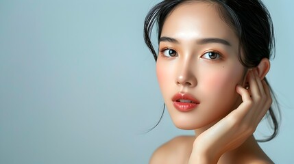 Fototapeta premium Elegant Asian Woman Showcasing Flawless Skin and Beauty in Serene Studio Setting