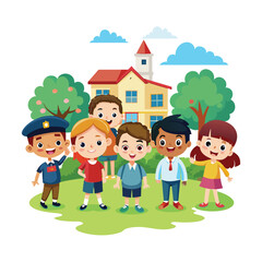 Cartoon group of elementary school kids in the school yard vector