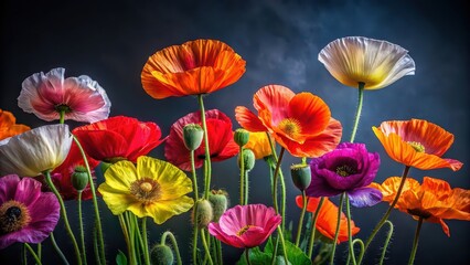 Obraz premium Vibrant poppy flowers in various colors standing out against a dark background, poppy, flowers, vibrant, colorful, bright, petal