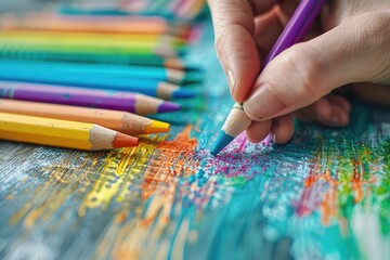 Obraz premium Close-up of a hand drawing with colored pencils on textured paper, showcasing vibrant hues and artistic creativity.