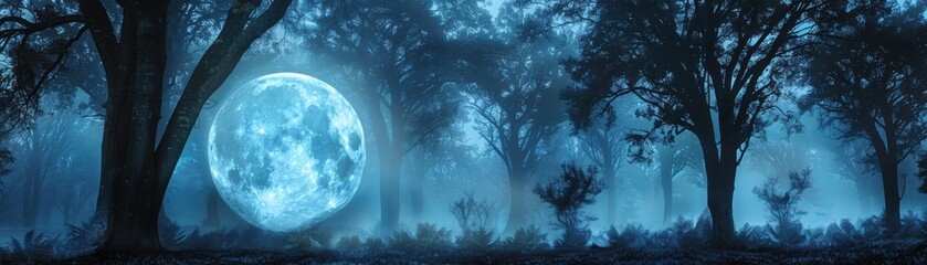 Mystical moonlit forest scene with a giant moon glowing behind dark trees, creating an enchanting, magical atmosphere.
