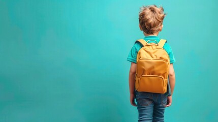 Back view of young child with yellow backpack against turquoise background. Kid ready for school. Education and adventure concept.