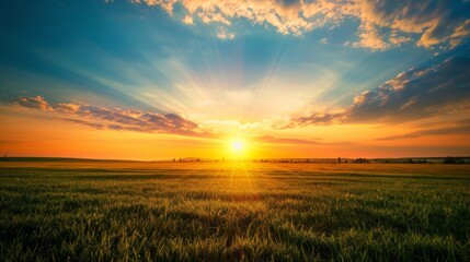 A breathtaking sunset illuminates a vast field of golden grass, casting long shadows and creating a sense of tranquility.