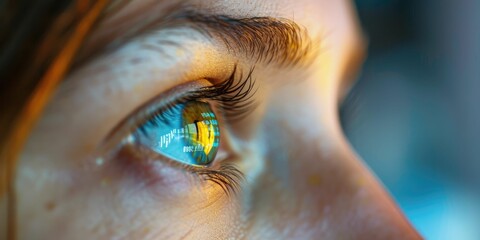 Close up of businesswoman eye with financial graph reflecting in eye. Attractive woman looking financial and marketing data with stock market chart or increasing sales graph reflect in the eye. AIG42.