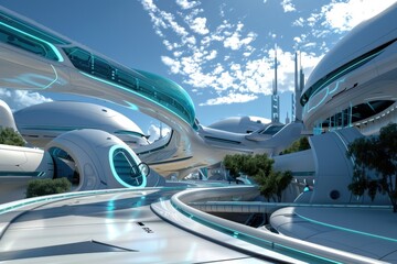 Obraz premium Futuristic Cityscape with Modern Architecture and Skywalks. Concept of Future City, Utopia, and Innovation.