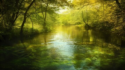 Fototapeta premium Serene forest stream with lush greenery and sunlight filtering through trees, creating a peaceful and tranquil atmosphere.