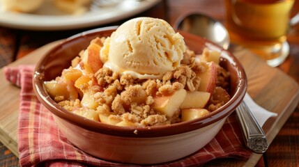 A comforting bowl of warm apple crumble topped with a scoop of honey lavender ice cream.