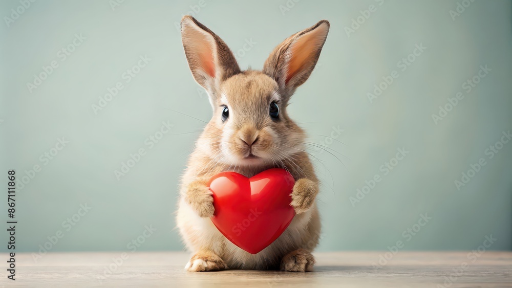 Poster Little cute bunny holding Valentine's heart, bunny, rabbit, cute, adorable, Valentine's day, love, heart, holiday, animal, fluffy