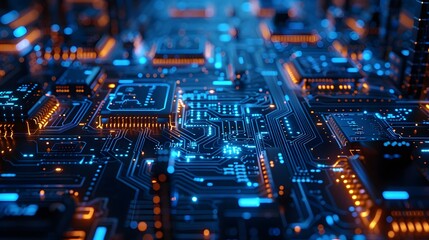 Obraz premium A blue circuit board with glowing chip components and data flowing through it, creating an abstract background for technology-themed designs.