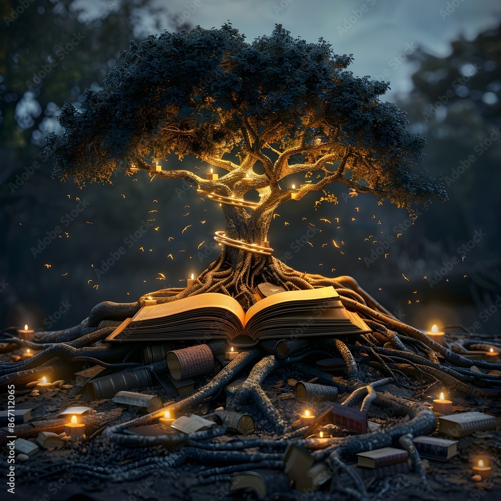 Aufkleber glowing tree of knowledge entwined with scrolls and books symbolic concept of enlightenment and imag