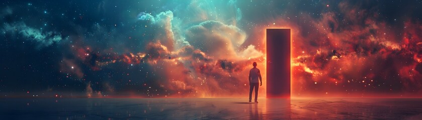 Person Opening Door to Endless Possibilities of the Universe Conceptual Art