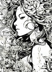 Women portrait Black and white art 90s style retro funky