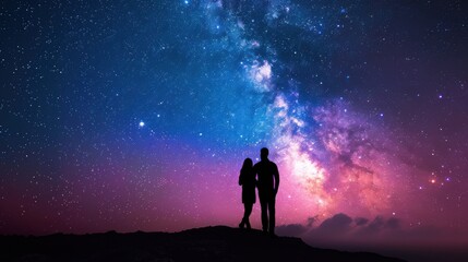 Fototapeta premium Galaxy with Milky Way, countless stars, infinite space, breathtaking view, close up, copy space, vivid colors, Double exposure silhouette with night sky