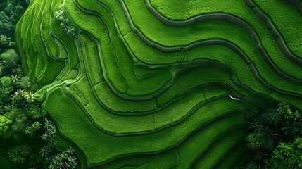 Mesmerizing Aerial Capture of Lush Terraced Rice Farm with Intricate Geometric Patterns